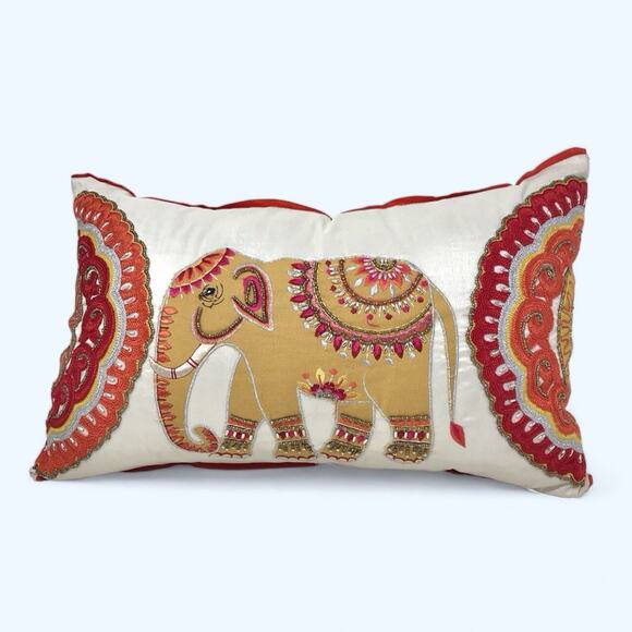 Elephant Beaded & Embroidered White Red & Beige Pillow by Atira Designs - Picture 1 of 6
